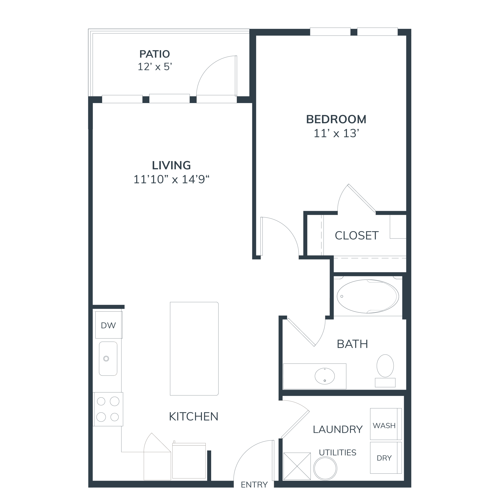 A 3D image of the A1 floorplan, a 756 squarefoot, 1 bed / 1 bath unit