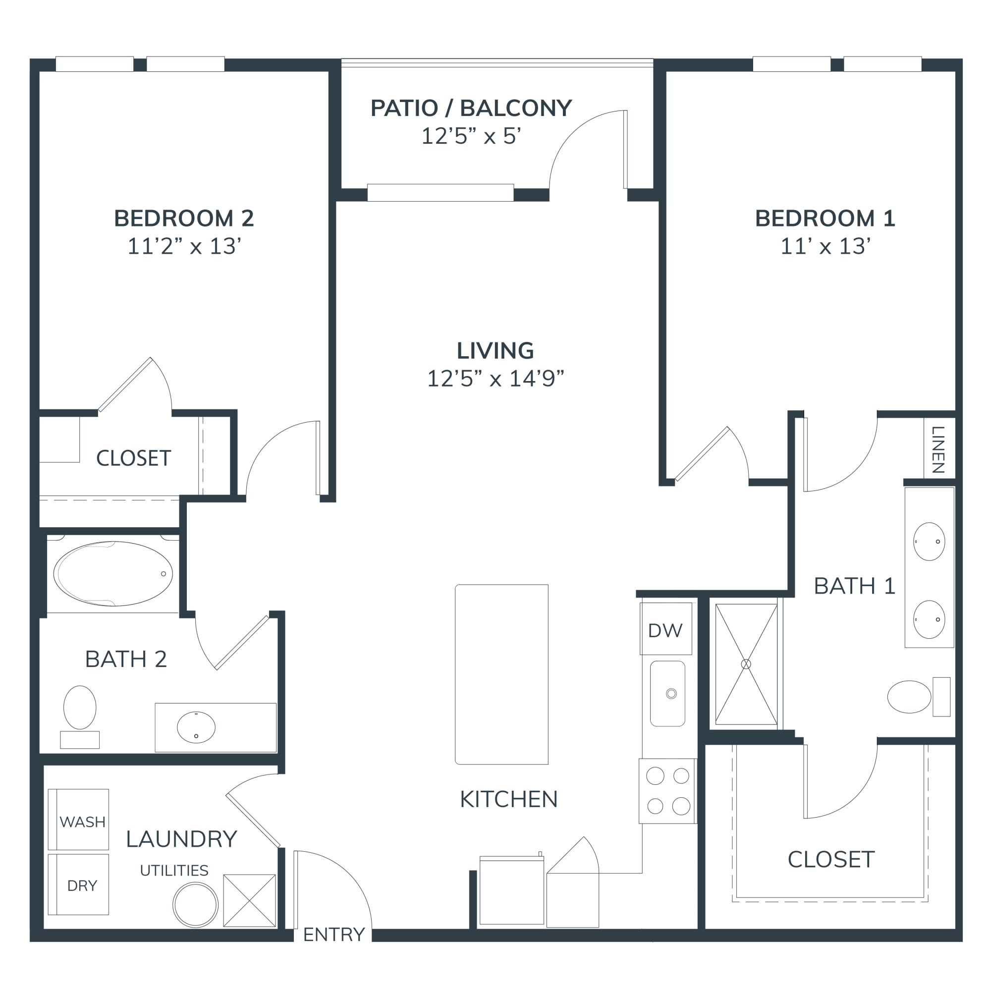 A 3D image of the B1 floorplan, a 1164 squarefoot, 2 bed / 2 bath unit