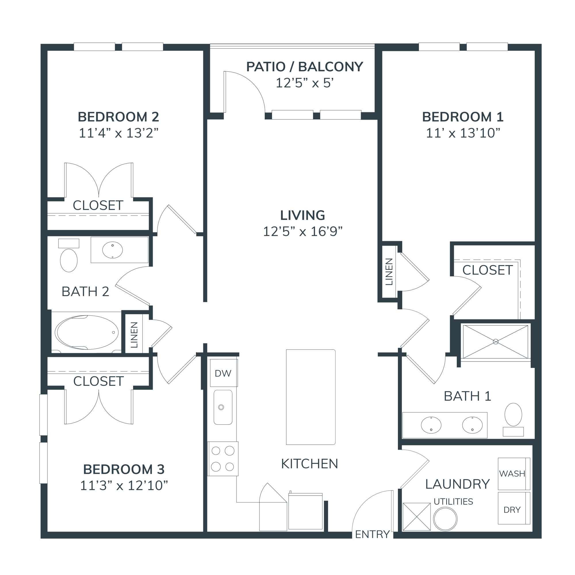 A 3D image of the C1 floorplan, a 1248 squarefoot, 3 bed / 2 bath unit