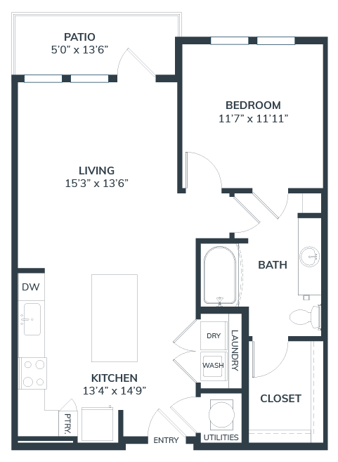 A 3D image of the A1 floorplan, a 773 squarefoot, 1 bed / 1 bath unit