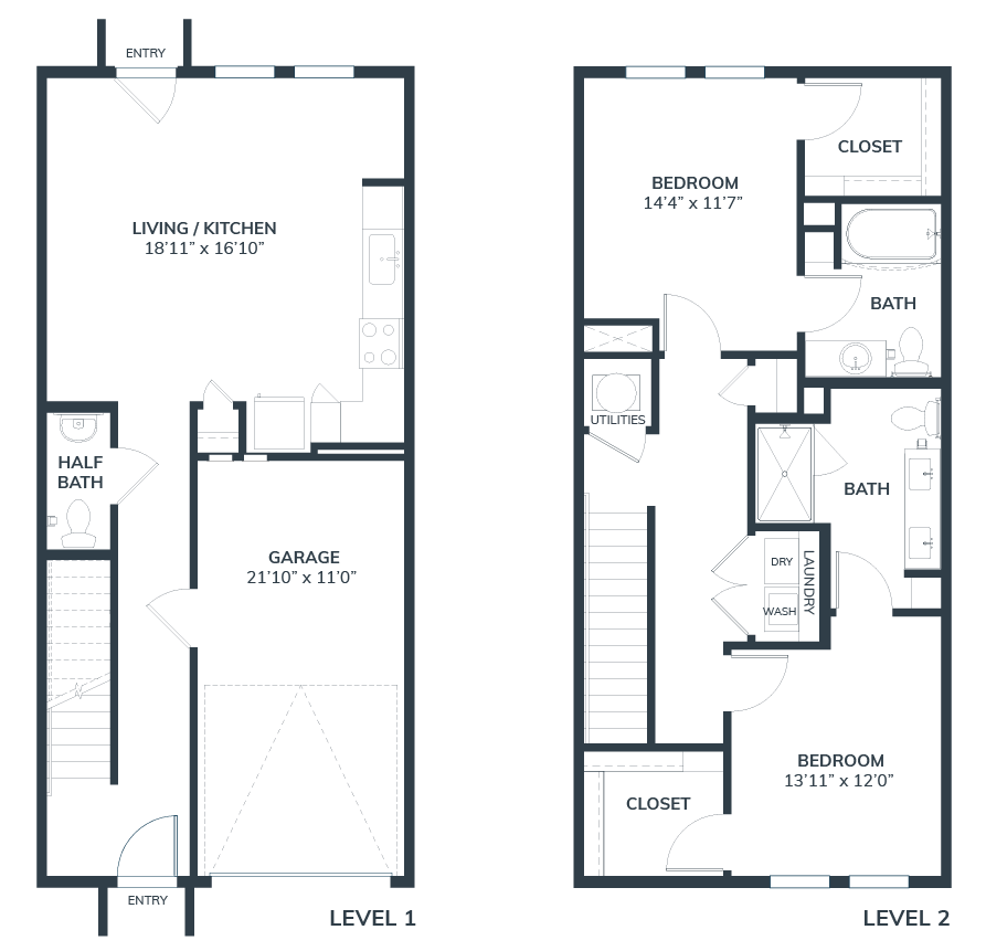 A 3D image of the TH floorplan, a 1295 squarefoot, 2 bed / 2 bath unit